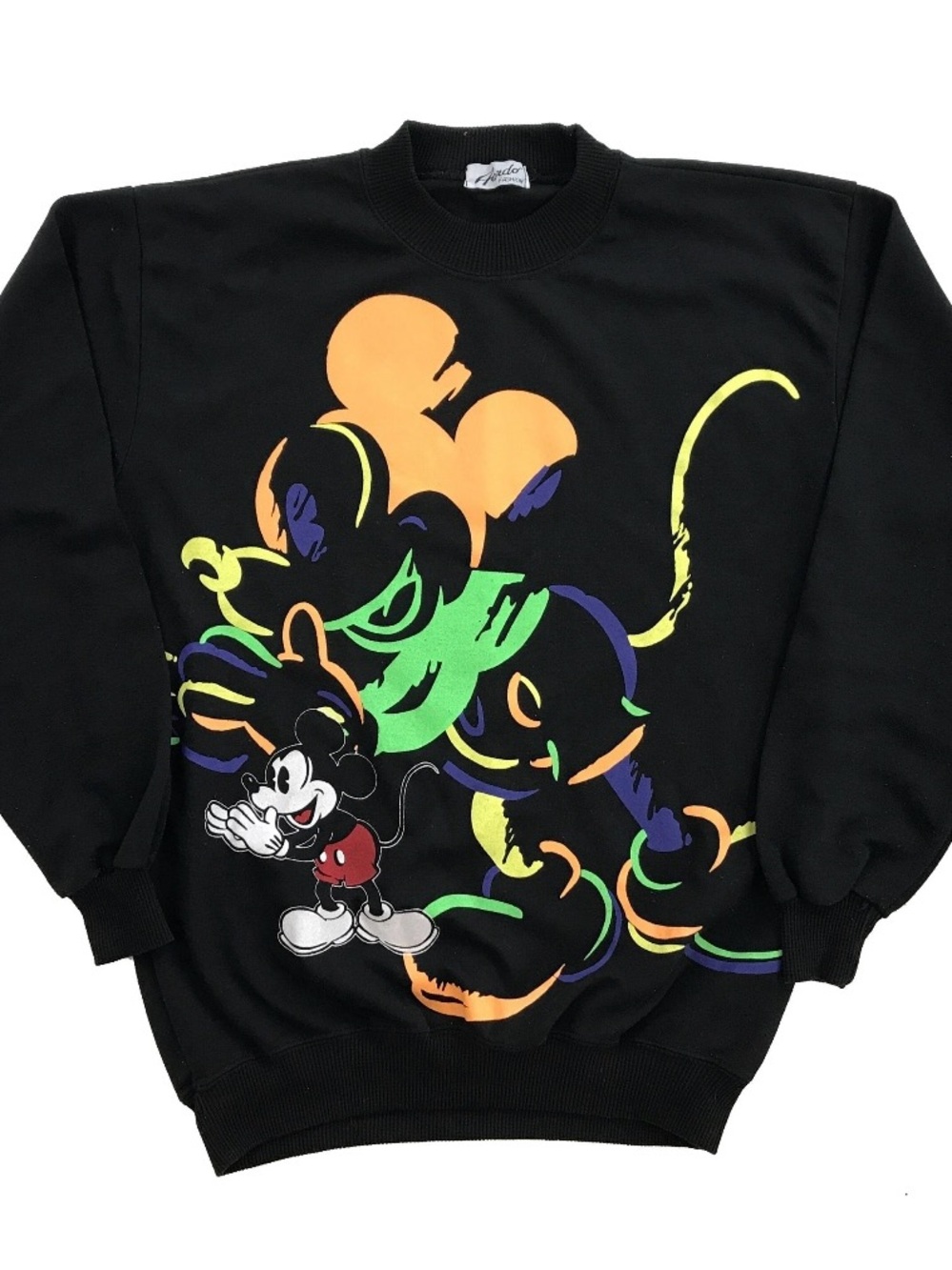 Vintage Disney Black Sweatshirt with Neon Mickey Graphic double side